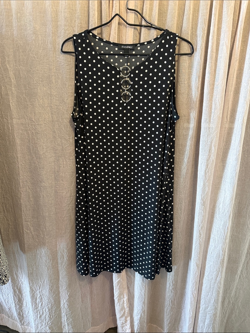 Roz & Ali Black and White Polka Dot Sleeveless Midi Dress with Ring Accents